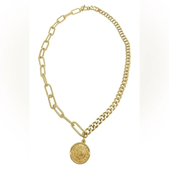 NWOT Adornia Mixed Chain Coin Necklace OS in Yellow Gold - Picture 2 of 6